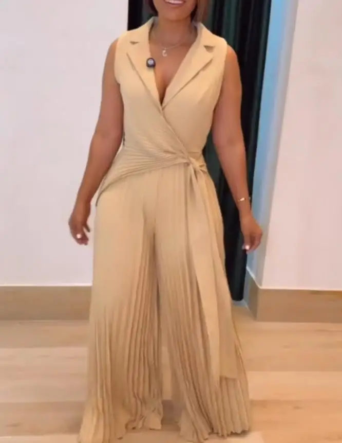 Jumpsuit Women Notched Collar Sleeveless Wrap Front Tied Detail Jumpsuit Casual Elastic Back Waist Wide Leg Pleated Jumpsuit