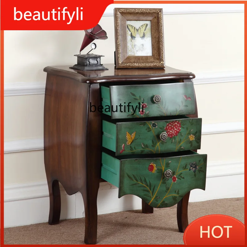 

A139 American Country Style Bedside Table Three-Drawer Cabinet Vintage Distressed Painted Furniture Mediterranean Pastoral