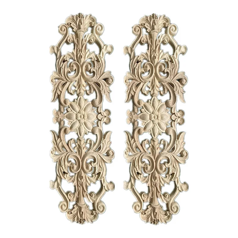 2PCS 50cm Vintage Floral Carved Corner Applique Wall Door Cabinet Decorative Figurines Wood for Furniture Decoration Accessories