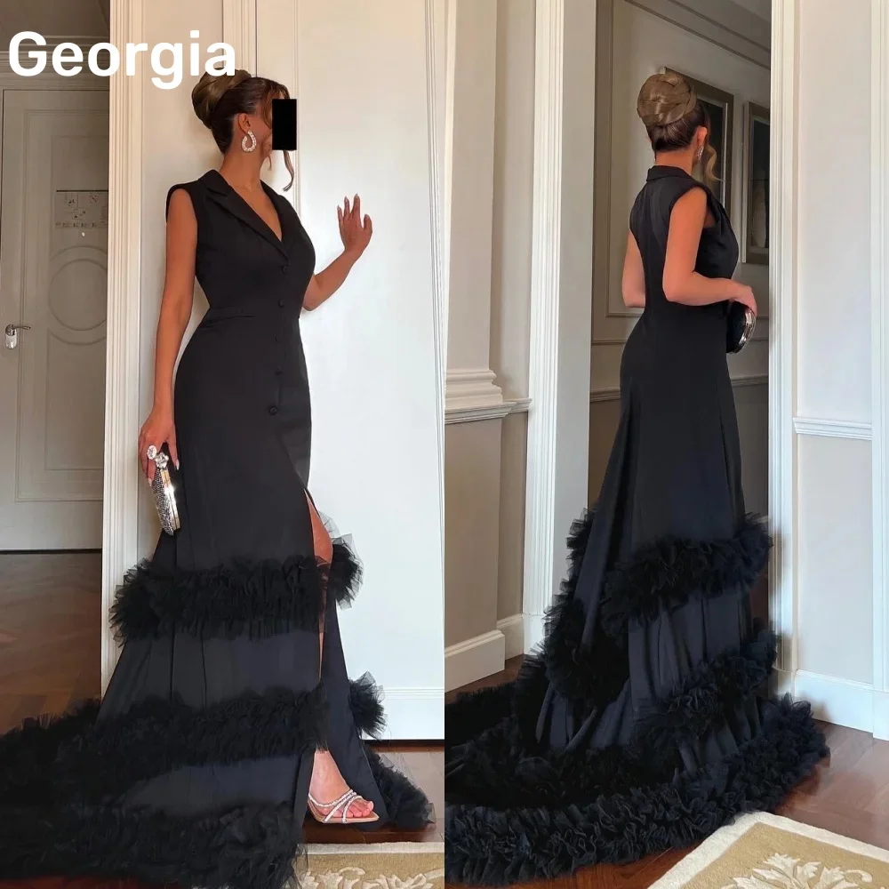 

Customized فساتين سهرة سعودية فخمة A-Line V-Neck Prom Dresses Chiffon Sweep Train Zipper Up Sleeveless Evening Dress