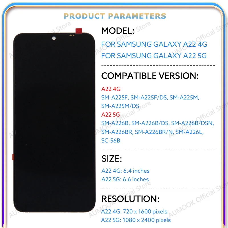 Wyświetlacz LCD do Samsung Galaxy A22 4G 5G A225 A226 Wyświetlacz Ekran dotykowy Digitizer Panel montażowy z ramką Wymiana Wymiana — zdjęcie produktu 2