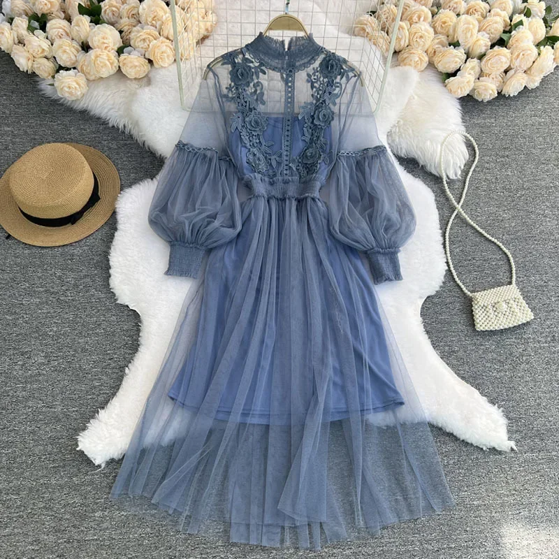 

New Lace Flower Mesh Dress Autumn Lantern Sleeve White Long Dresses for Women Party Vintage Elegant Dress 2 Piece Sets