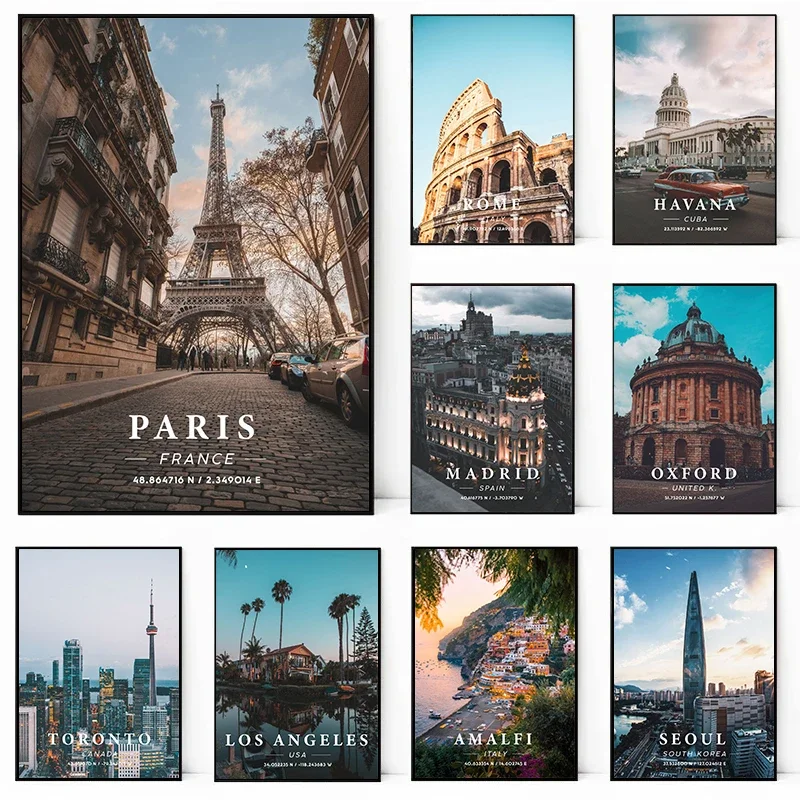 1pc frameless Canvas Painting Travel City Paris Madrid New York Landscape Coordinates Poster and Prints Canvas Painting Wall Art