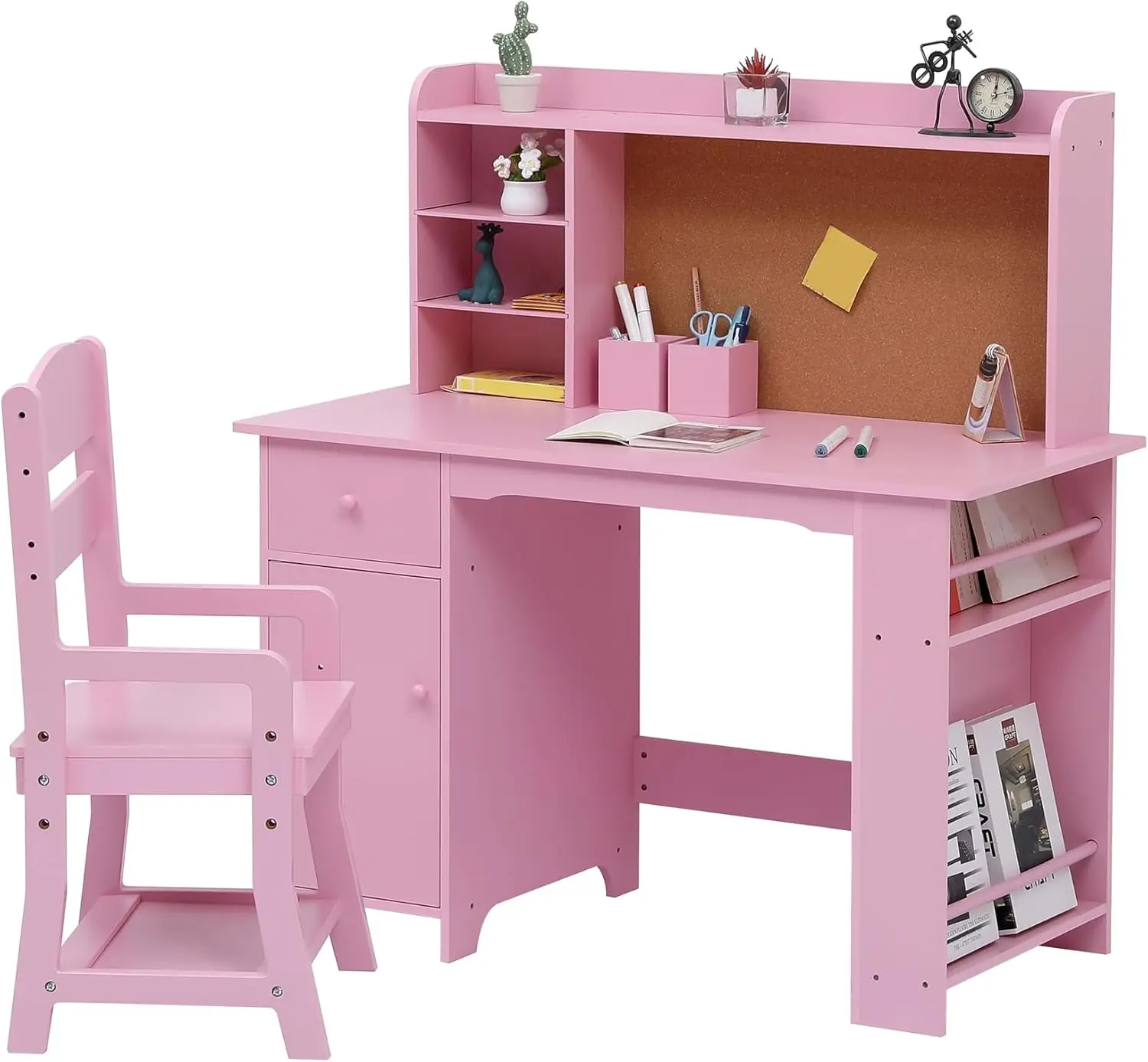 

Kids Desk and Chair Set with Bookshelf, Bulletin Board, Cabinet for Ages 3-8 in Pink