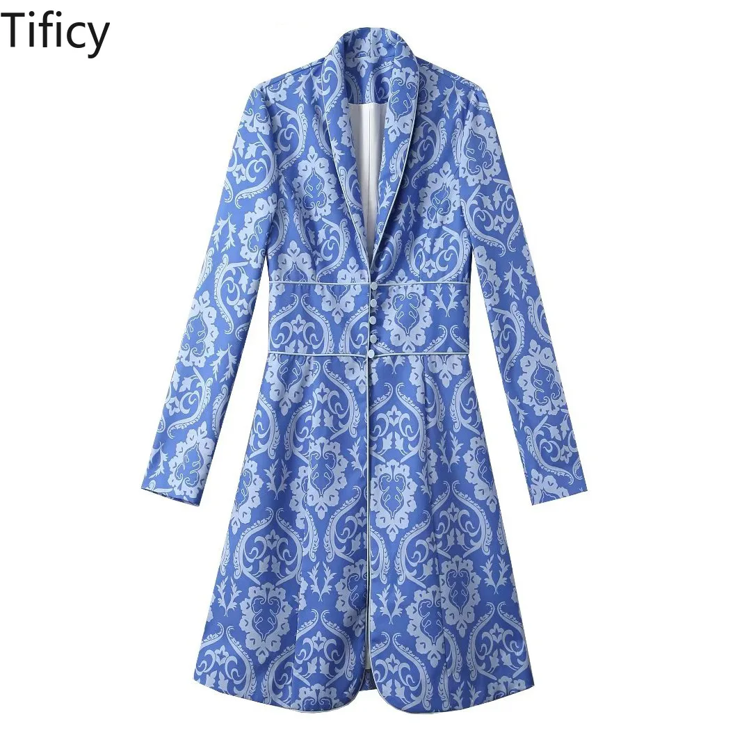 High End Kate's New Autumn Style Blazers Dress Women's Polo Collar Long Sleeved Blue Printed Button Up Waist Cinched Suit Dress