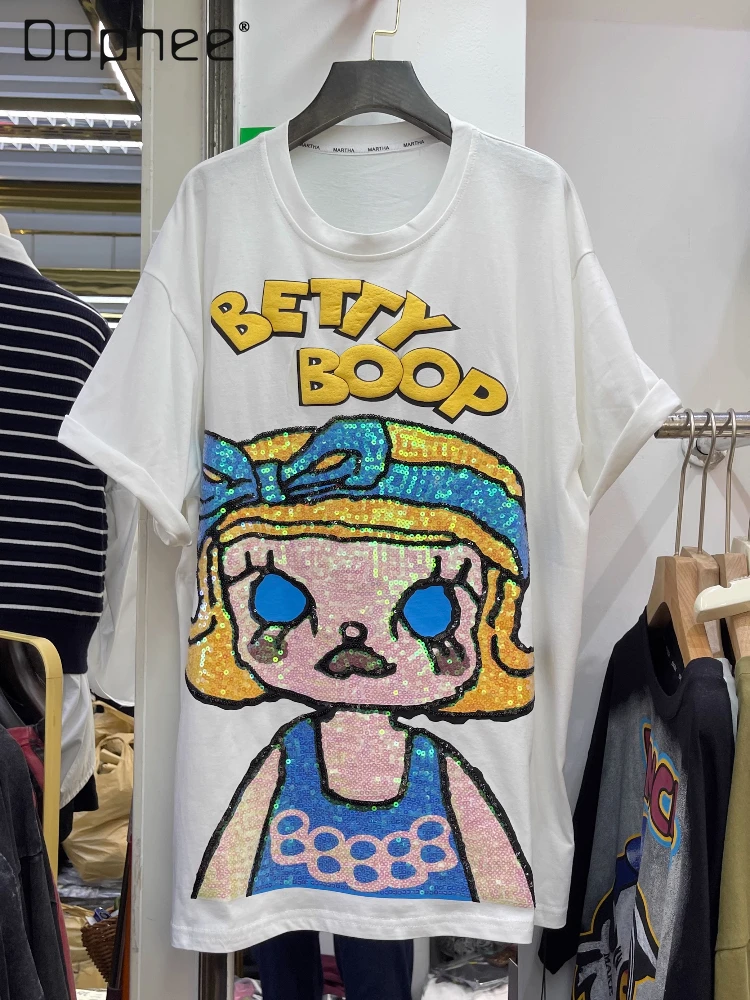 

Trendy Brand Girl Sequined Embroidered Short-sleeved T-shirt Women's 2025 Spring Summer Loose Bottoming Top Oversized T Shirt
