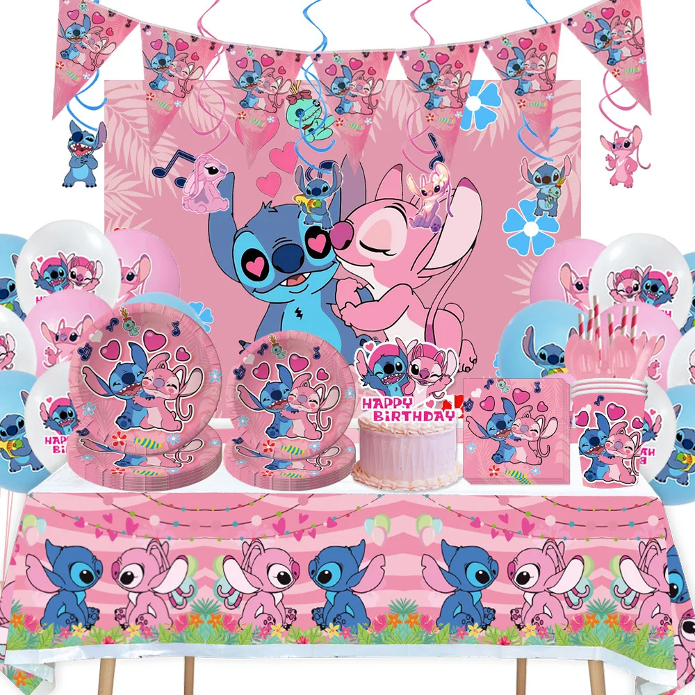 Decoraciones de cumpleaños de Stitch para niñas, pancarta rosa, telón de fondo, vasos de papel, platos, servilletas, vajilla, globos, decoración,