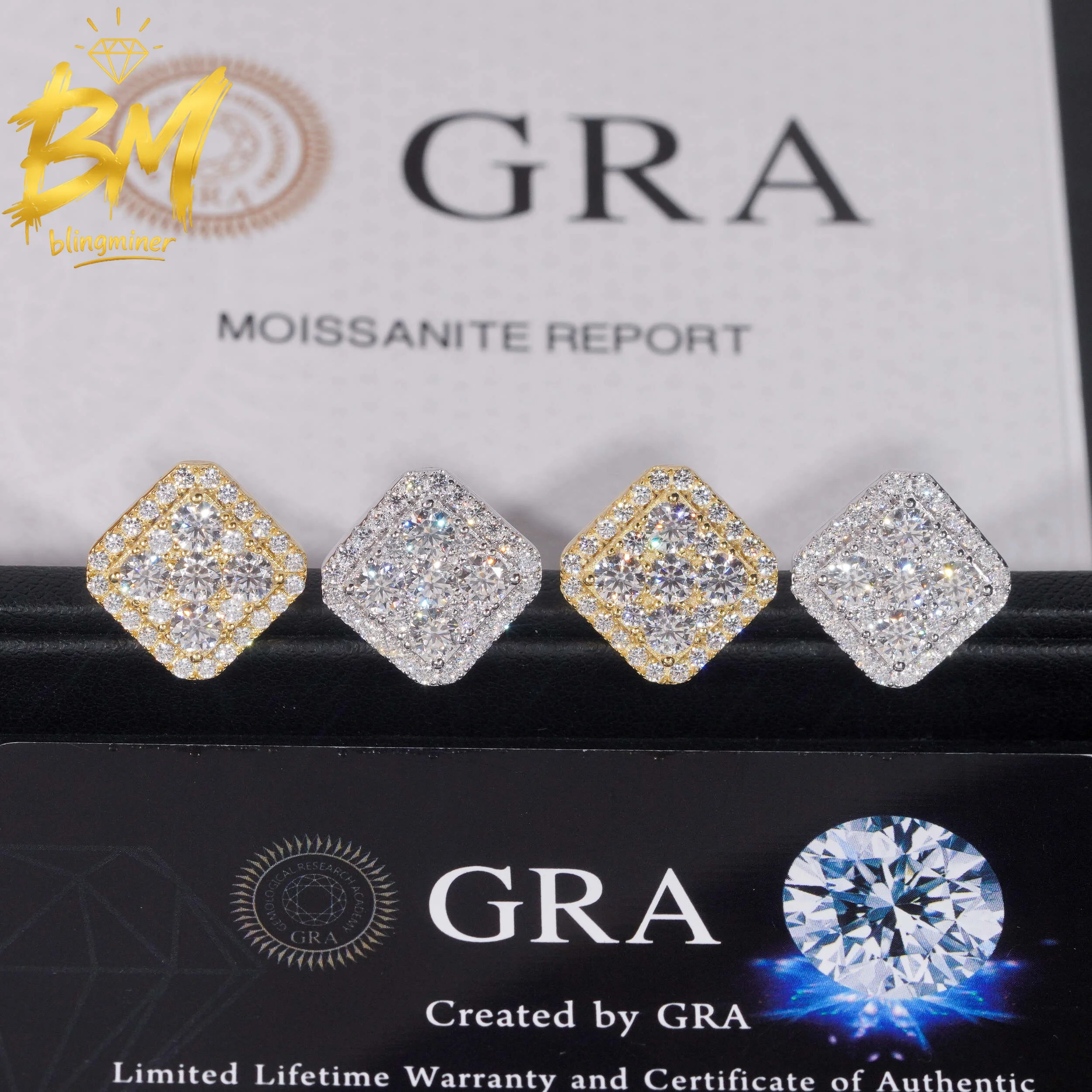 Blingminer Hip Hop 13.5mm S925 Silver VVS Moissanite Earrings For Men Women Ear Studs Jewelry Pass Diamonds Tester GRA Free Ship