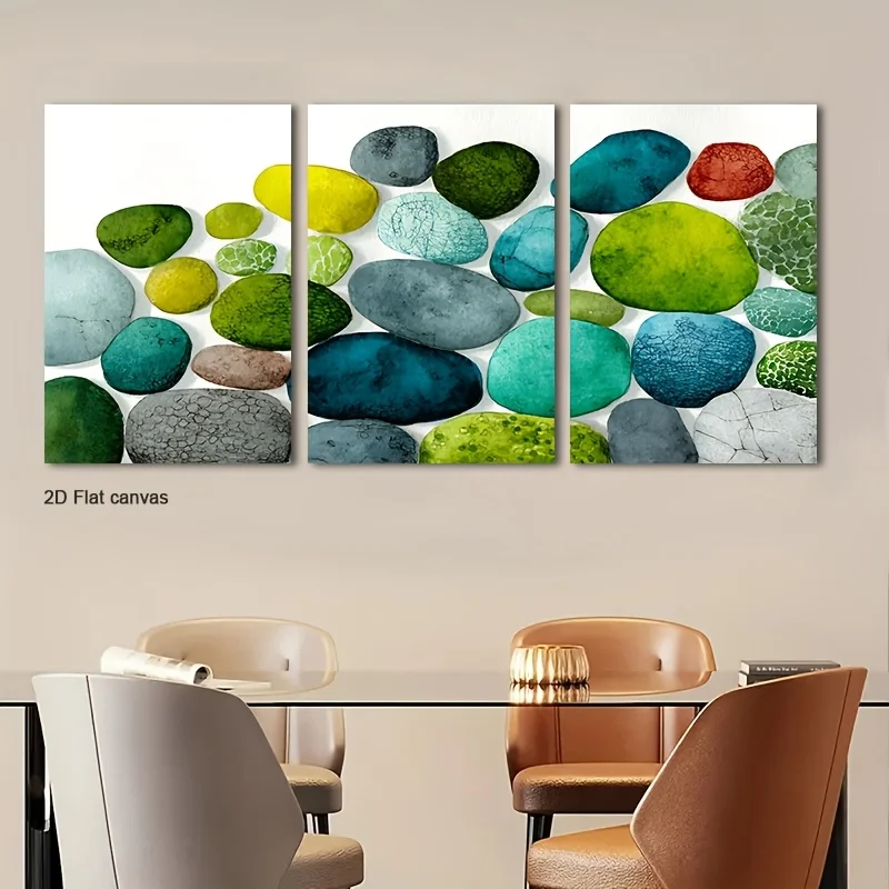 Frameless canvas 2D Flat, 2D Flat, 2D Flat Set Of Three Colorful Pebble Paintings On A Flat Canvas,  And Ready For Display. I