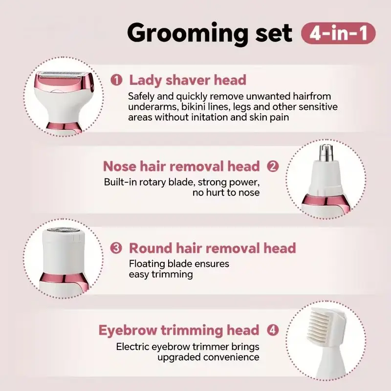4-in-1 Rechargeable Electric Lady Shaver Set - 500mAh Portable Wet/Dry Trimmer for Face, Nose, Legs & Underarms image 4
