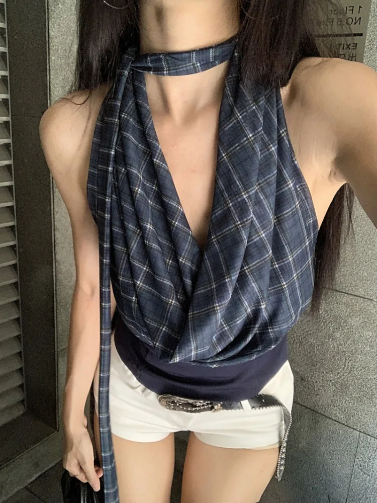 

American Style Splice Plaid Mesh Neck Hanging Vest Women Summer Retro Small Circles Slim Fit Backless Short Top Trendy