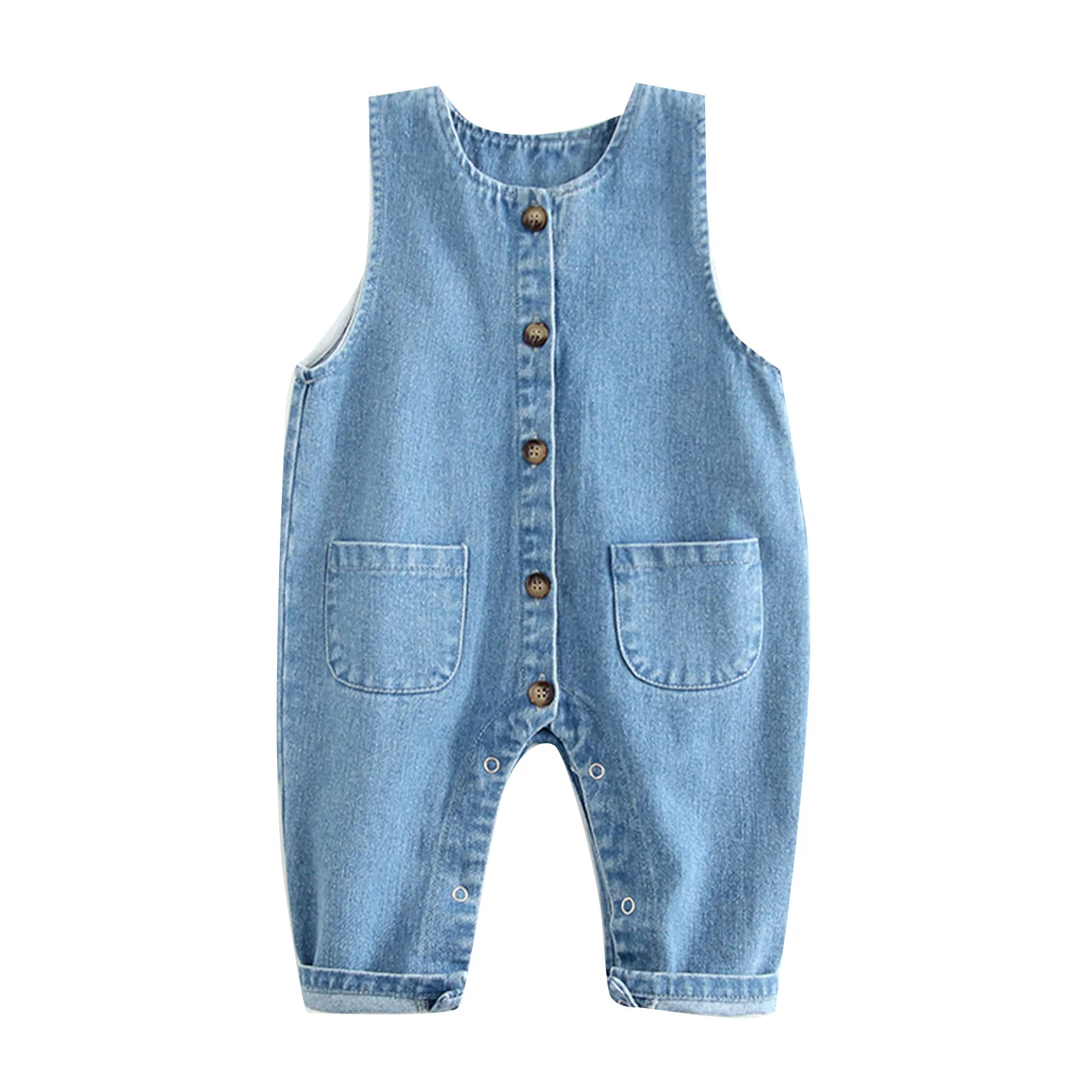 Infant Baby Boy Girls Sleeveless Denim Romper Toddler Little Kids Solid Color Button Overalls Summer Casual Jumpsuit with Pocket