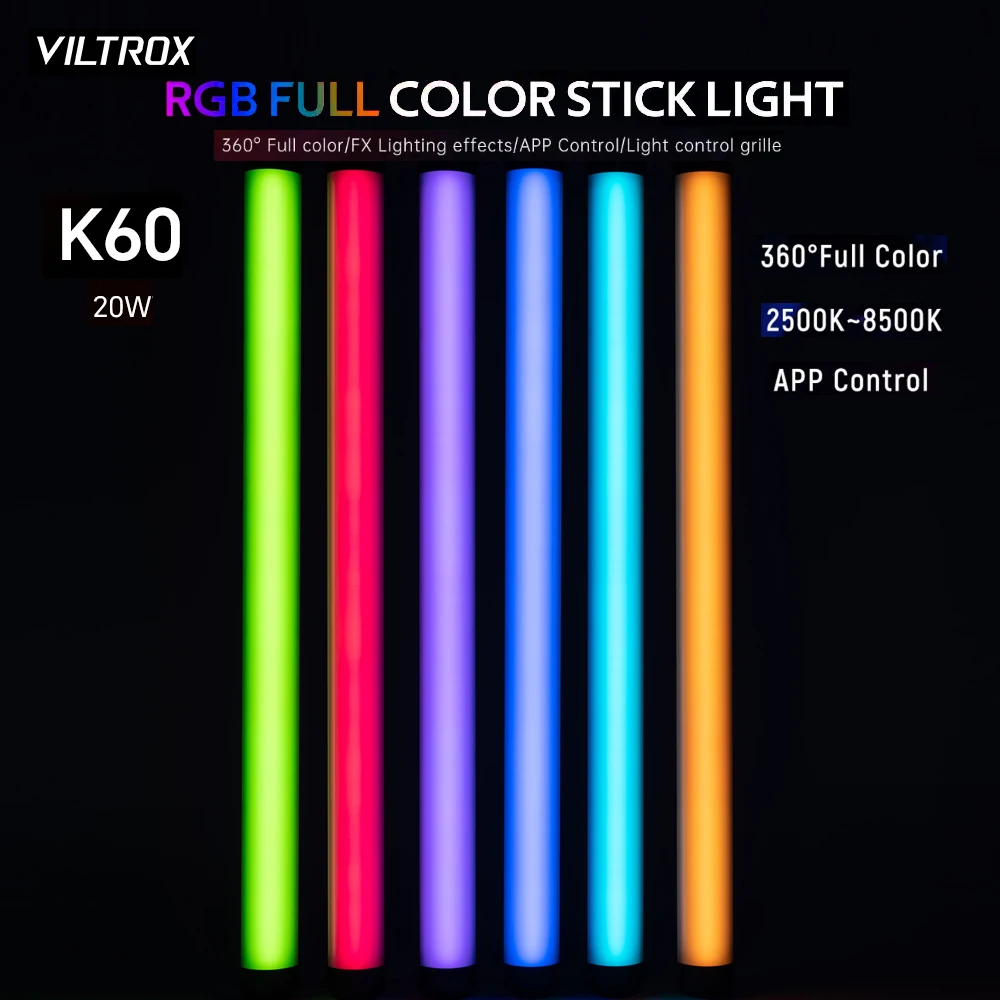 VILTROX RGB LED 핸드헬드 라이트 스틱, 앱 제어, 비디오 촬영 라이트 스틱, 2500K ~ 8500K, K60