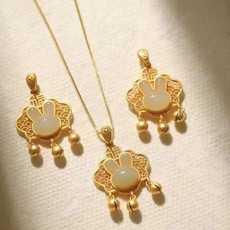 Women 9999 24K Real Gold Jade Rabbit Ruyi Lock Pendant Golden Rabbit Year Zodiac Longevity Lock Bell Pendant Baby Lady