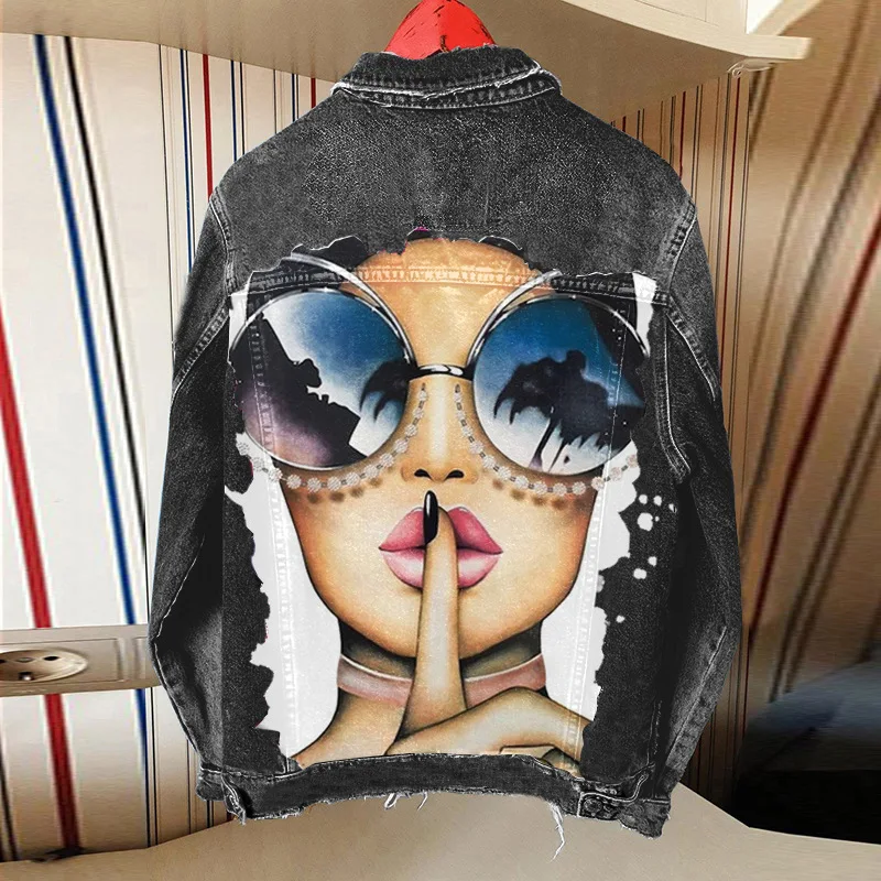 

Jacketcity Denim New Stylewomen's Girl Personality Printing Autumn And Winter Hot Sale Foreign Trade Casual Denim Jacket Women's