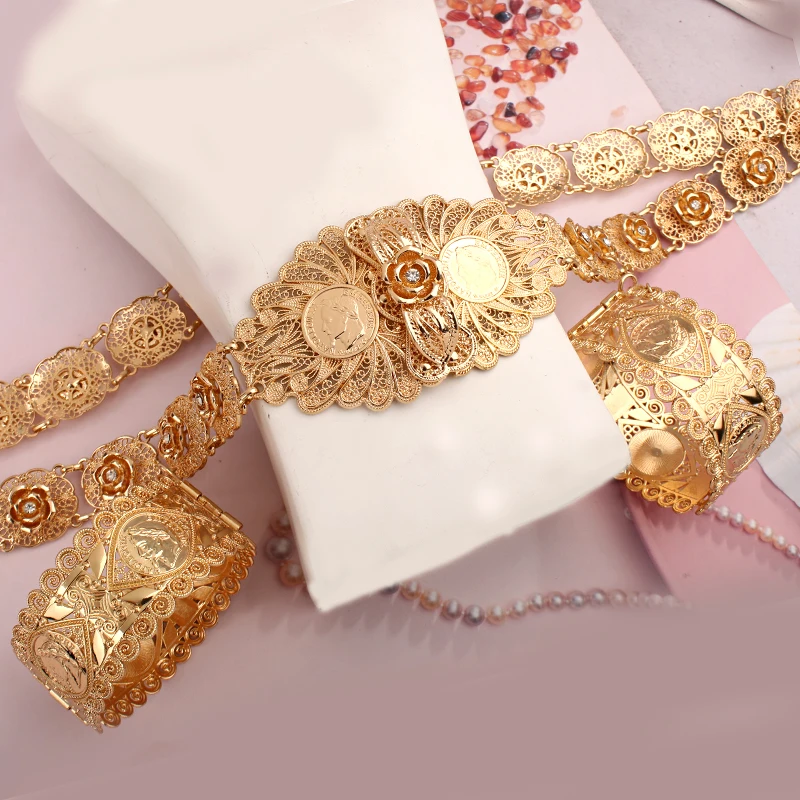 

Herseygold Algerian Wedding Jewelry Set Gold Plated Crystal Flower Chain Belts for Kaftan Dress Middle East Bridal Jewelry Sets