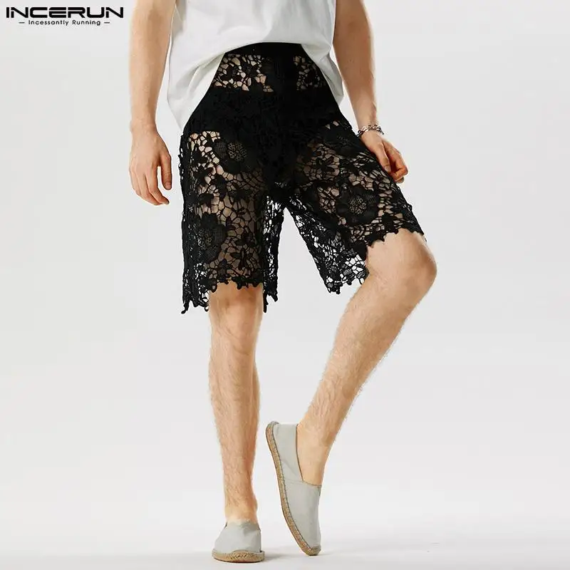 Men Shorts Lace Transparent Sexy Solid Color Zipper Men Bottoms Summer Streetwear 2024 Unisex Fashion Party Shorts S-5XL INCERUN