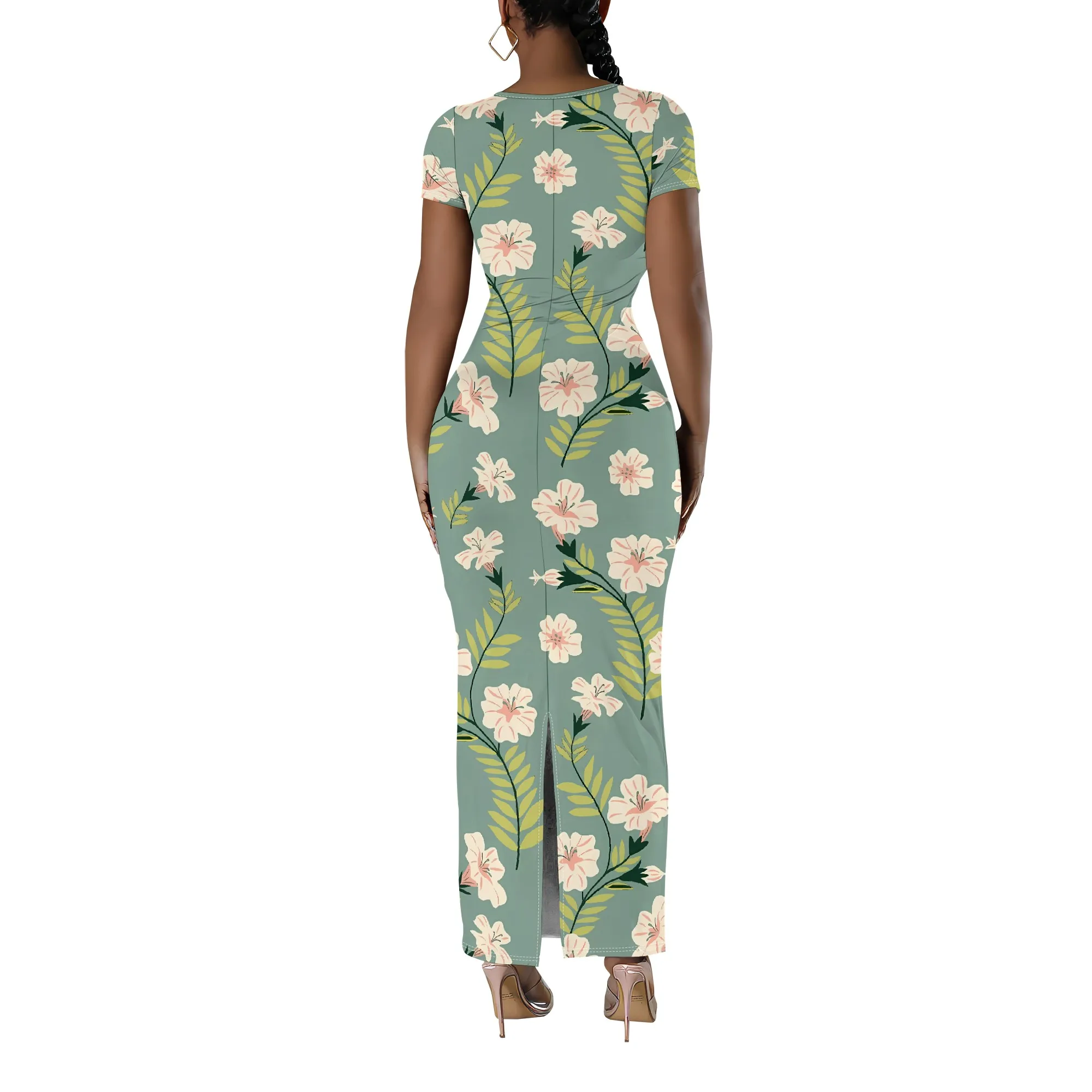 Nupusa Robe longue à imprimé floral pour femme Taille standard Robe moulante d'été décontractée à col carré et manches courtes