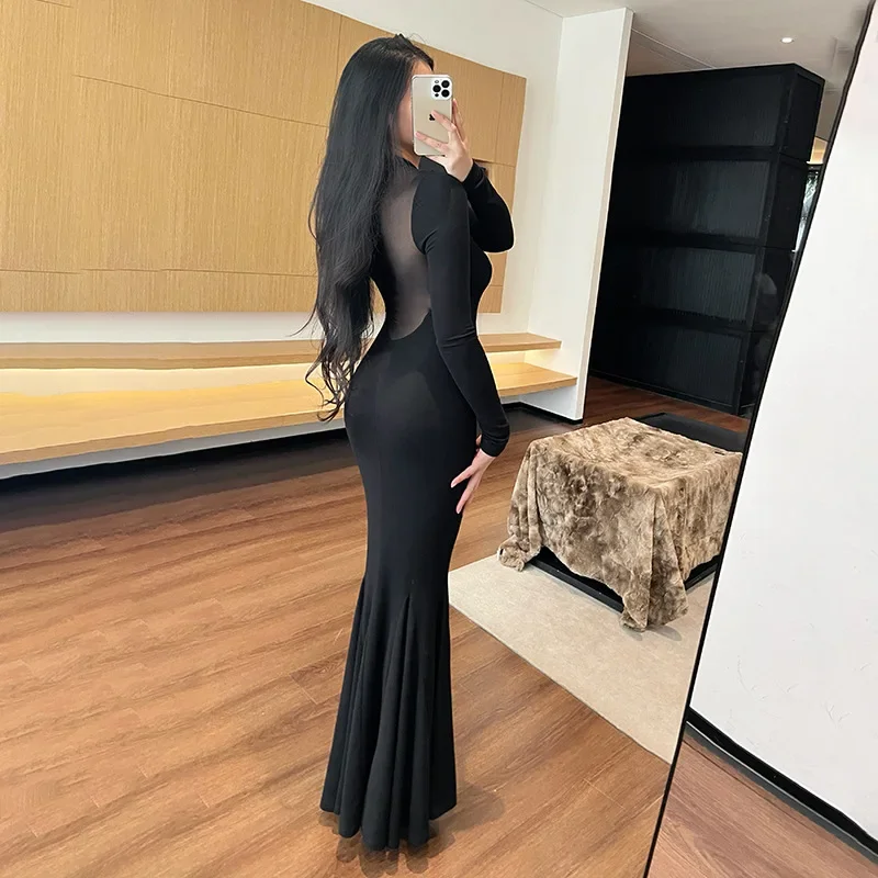 Vintage Paneled Back Sheer Black Bodycon Mermaid Dress Sexy Elegance Backless Slim-fit Ruched Long Party Gown Autumn Trend