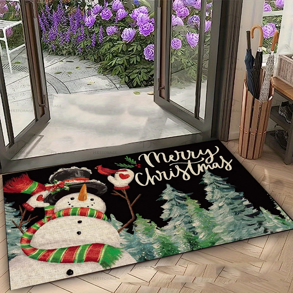 Rechteckiger Teppich mit Weihnachtsmotiv, festlicher Schneemann, Weihnachtsmann-Hirschmuster, perfekt für die Dekoration von Ferienhäusern, rutschfeste, langlebige Fußmatte
