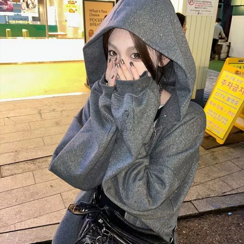Women Autumn Winter Shimmer Hoodie Tracksuit Loose Casual Dark Grey Zip Up Sweatshirt Two Piece Leisure Outfit