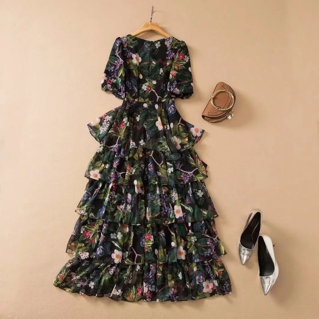 Fashion Designer Summer Dress Square Neck Lantern Sleeves Cascading Ruffle Flower Print Vacation chiffon Dresses Trending