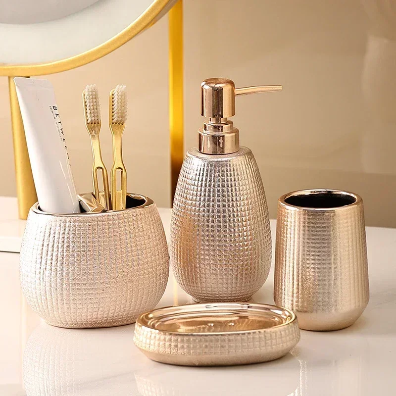 Juego de Accesorios de Baño en Oro Rosa, Juego Completo de Lujo de Cerámica, Jabonera, Portacepillos de Dientes, Dispensador de Champú