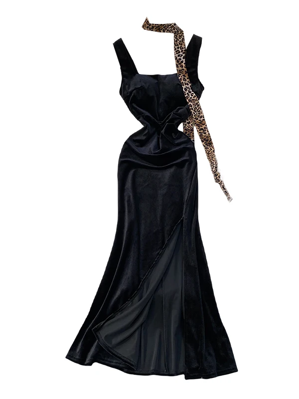 Hebe Sle Fluwelen Lange Dr met Borstkussen Vierkante Kraag Zijsplit Hoge Taille A-lijn Rok Ele Ladylike Herfst Winter Dr