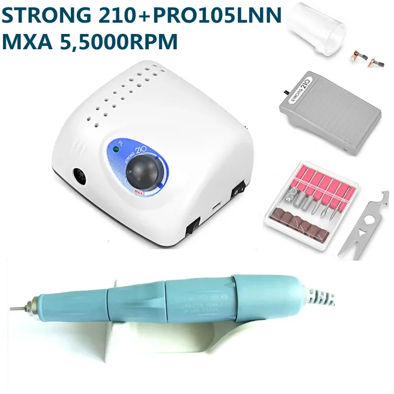 2021 New Arrival STRONG 210 PRO 105 105L Handpiece 65W 45000/500000rpm Nail Drills Manicure Machine Pedicure Electric File Bits