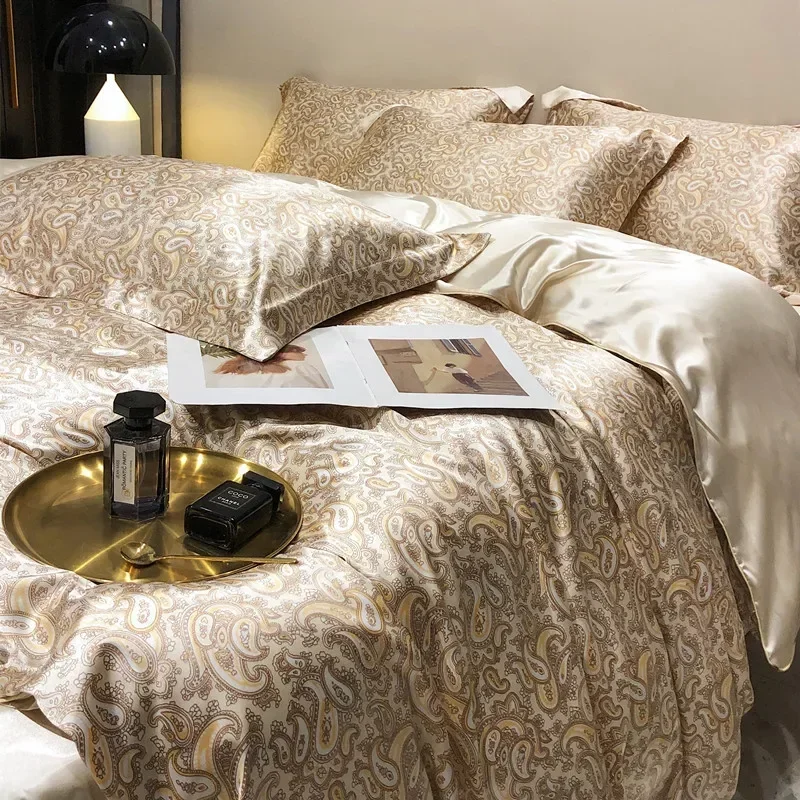 High-end Natural Mulberry Silky Blending Duvet Cover Set with Sheets Satin Blending Silky Bedding Set Luxury Queen Bedding Sets