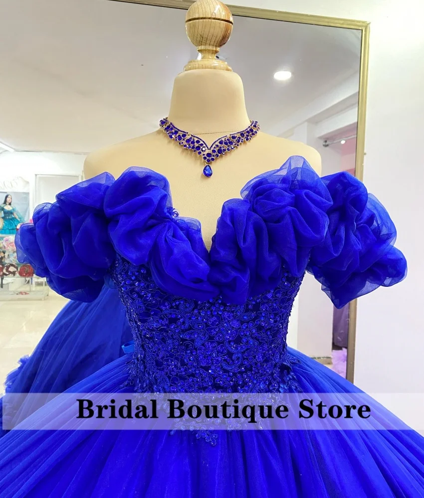 Magnifique robe de RhQuinceanera bleu royal, perles et diamants, robe en tulle, volants avec nœud, robe de fête d'anniversaire, Sweet 16, 2024