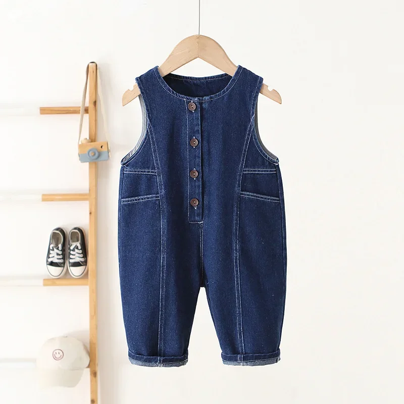 

Children's Clothing 0-4Y Kids Girls Cotton Denim Overalls for Boy Single Row Button Design Pocket Detail Soft Daily Jumpsuit