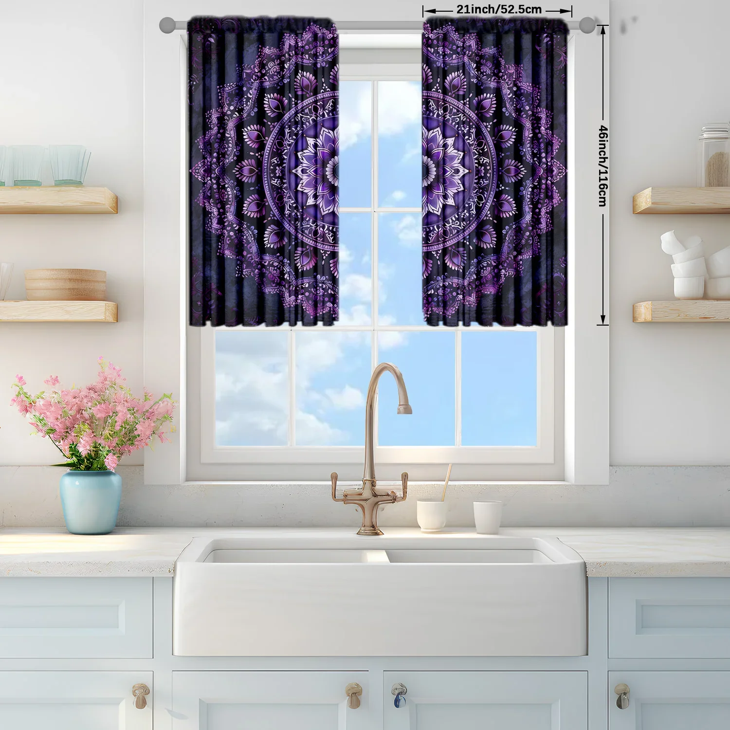 2pcs Purple Black Mandala Printed Curtain for Home Decor - Rod Pocket Window Treatment for Bedroom, Office, Kitchen, Living Room