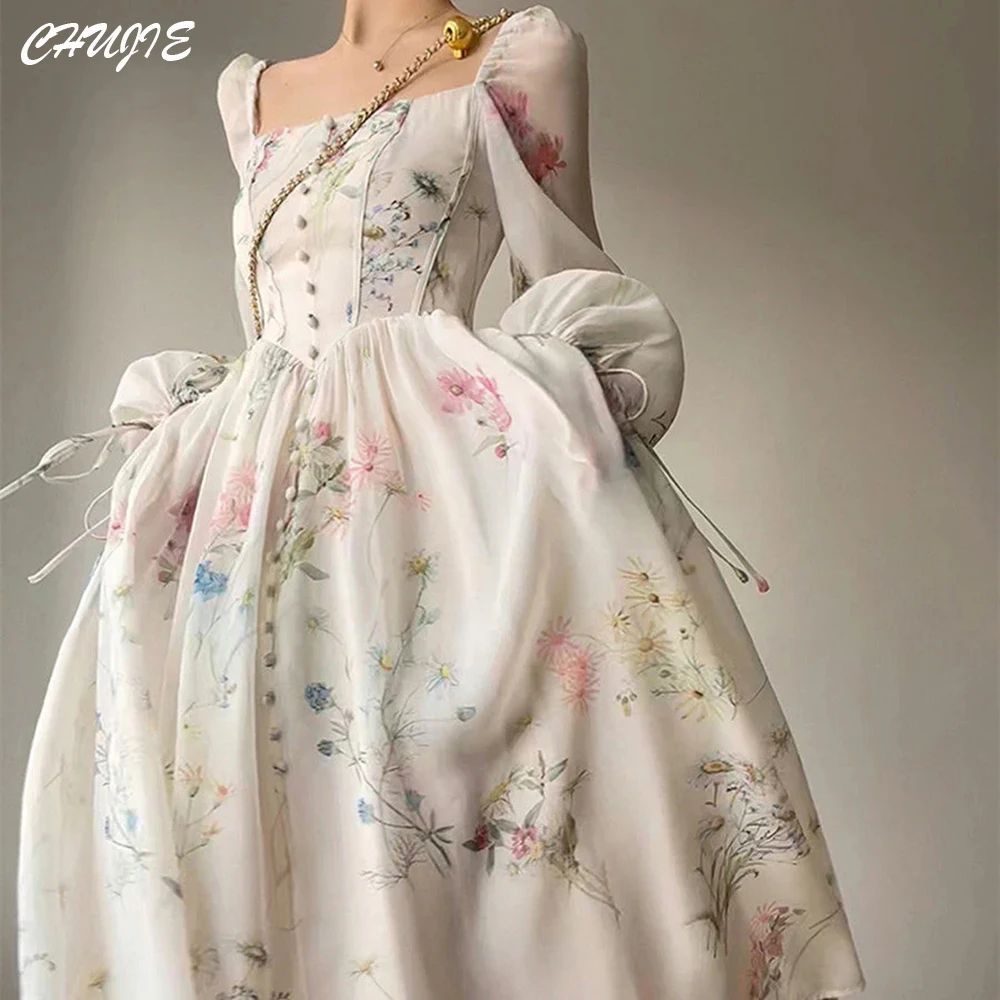 

Print Tea Length Prom Dress Puffy Long Sleeve A Line Pleat Evening Party Dresses Square Neck Customized Event Princess Dress