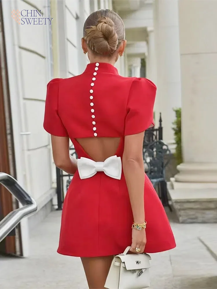 Sexy Red Bow Backless Hollow Out Mini Dress Turtleneck Short Sleeve Pad Shoulder Dresses 2024 Evening High Street Party Vestidos