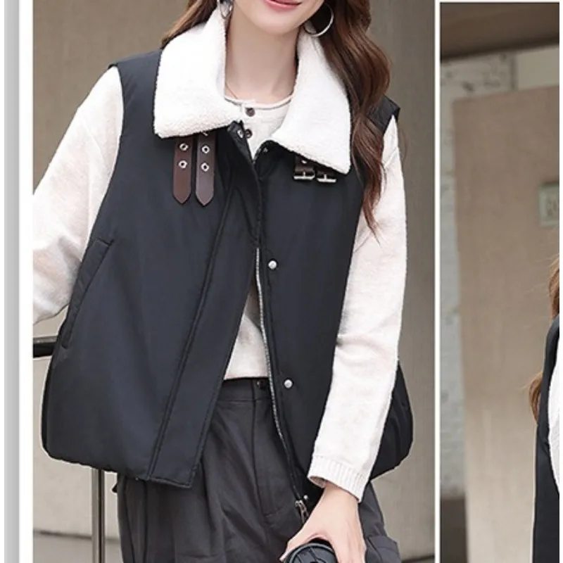 2025 Winter New Vest Lamb Wool Collar Cotton Vest Short Sleeveless Cotton Clothes Women's Bread Clothes Thermal Vest