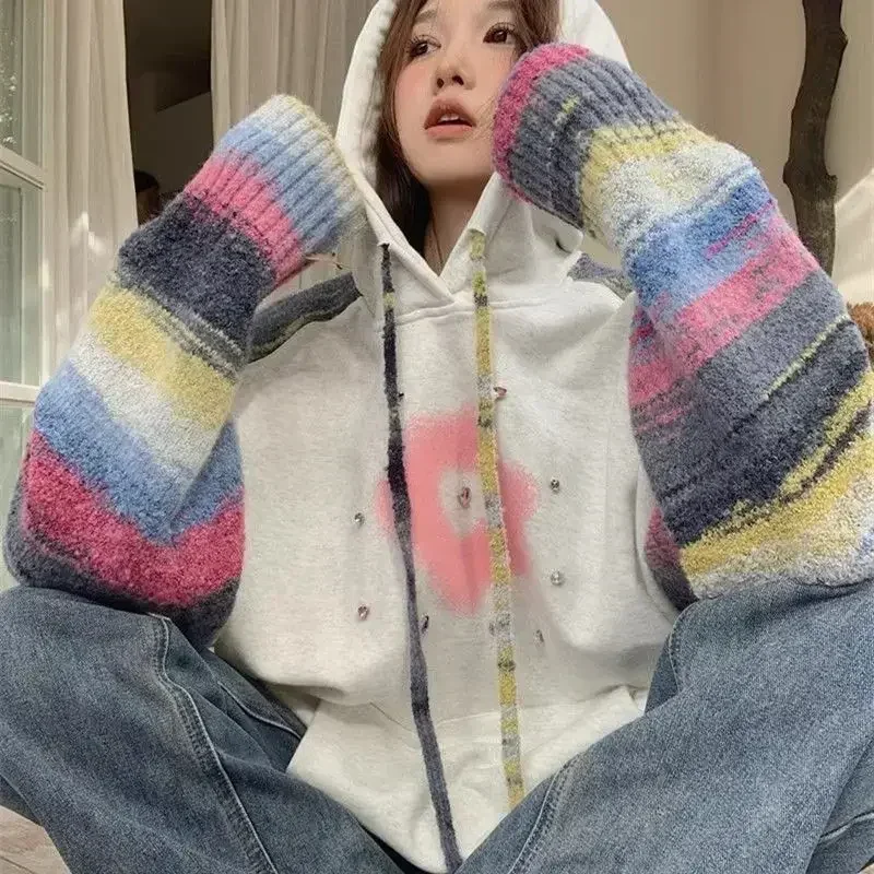 

Women Graphic Woman Tops Glitter Baggy Loose Sequin 2025 Trend Hoodies Korean Fashion Novelty M Rhinestone Hooded Sweatshirt