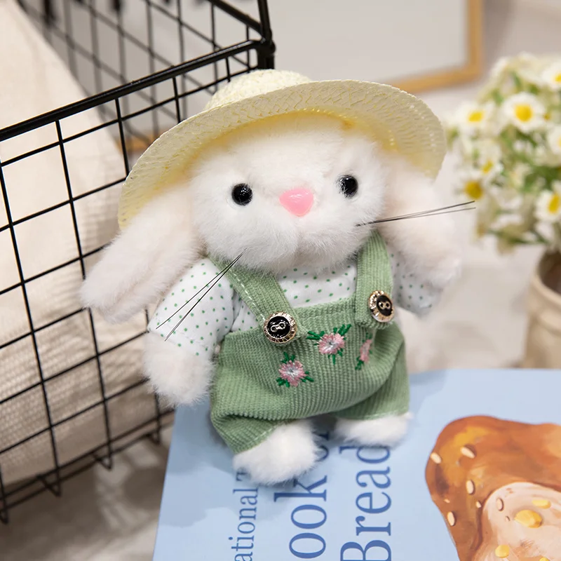 

1Pc 15CM Lovely Pastoral Style Rabbit Plush Toy Cute Bunny with Strap Pants Straw Hat Plush Dolls Kawaii Keychain Toy Decor Gift