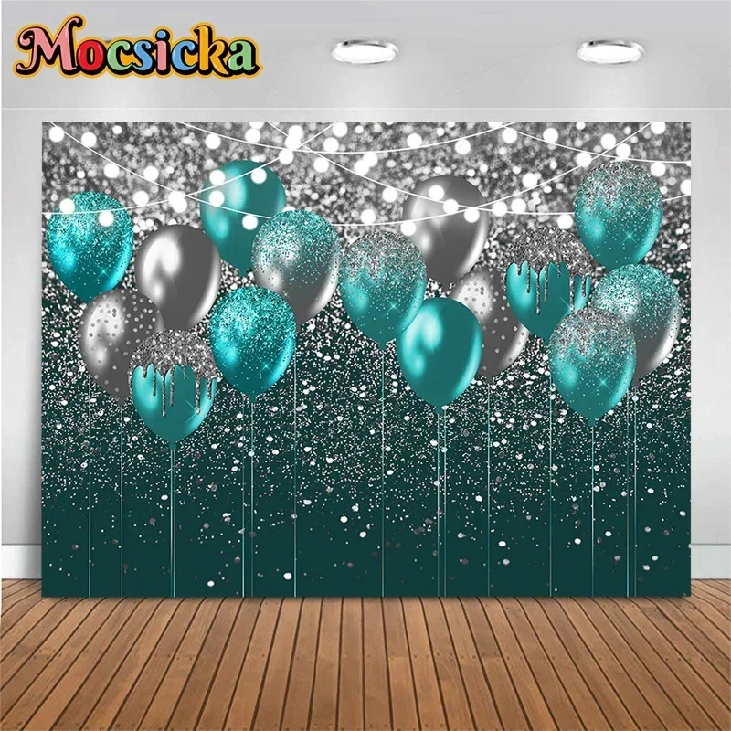 

Mocsicka Birthday Party Photography Background Gray Flashing Lights Cyan Balloon Diamond Decoration Props Photo Backdrop Banner