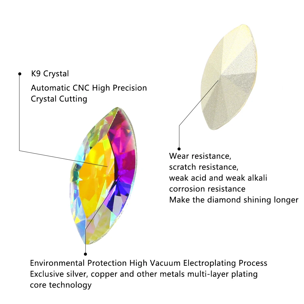 Nailart Diamond for Jewelry DIY, Navette Crystal, Pointed Back Rhinestones, All Size, K9 Glass, 3D Fancy Stones