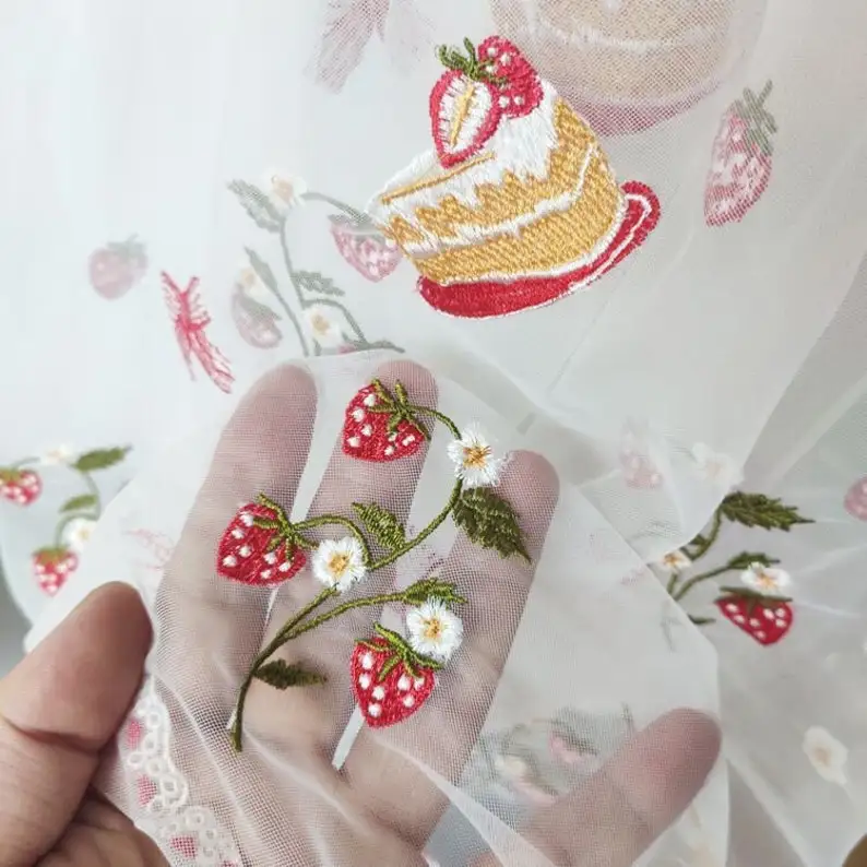 Strawberry Cake Pattern Embroidered Lace Fabric  Strawberry  Bilateral Scalloped Edge Wedding Fabric Baby Dress Lace 51