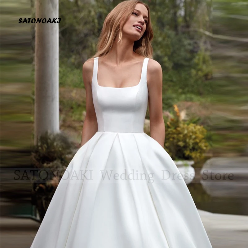 Elegant Simple Square Collar Satin Wedding Dress for Women A-Line Backless Bride Gown with Pockets Vestido De Novia Robe Mariée