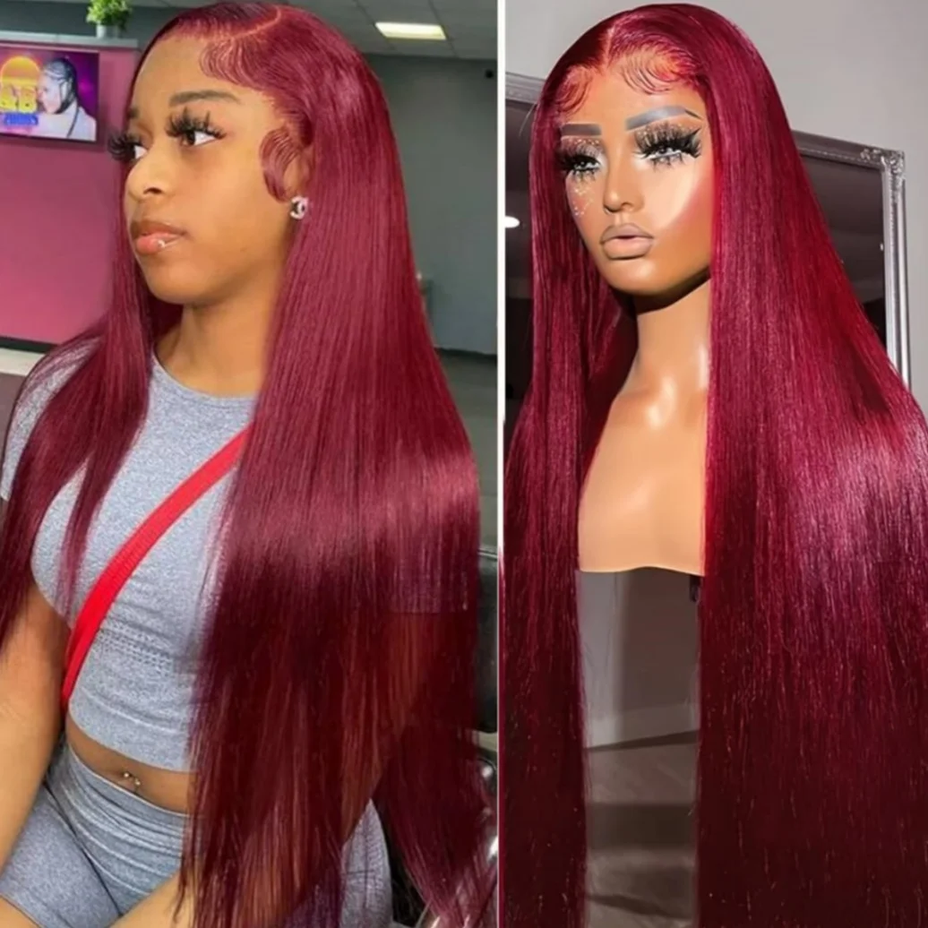 شفاف بورجوندي الدانتيل أمامي باروكة من شعر طبيعي قبل قطعها الأحمر 99J مستقيم ملون 13x4 الدانتيل الجبهة خصلات الشعر المستعار الإنسان للنساء