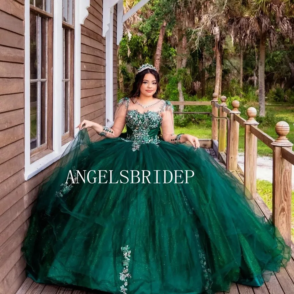 Angelsbridep มรกตสีเขียวแขนยาวคริสตัลชุดไปงานเต้นรำ Quinceanera ชุด3D ดอกไม้ Appliques เจ้าหญิงหวาน16 Vestidos De Xv