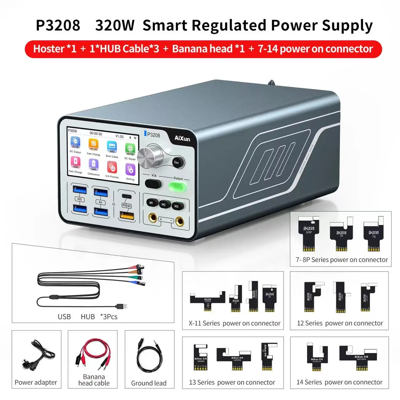 

AIXUN P3208 320W Smart Regulated Power Supply for Phone 7-14ProMax Support PD/QC Fast Charge Protocols One-button Power-on Cable