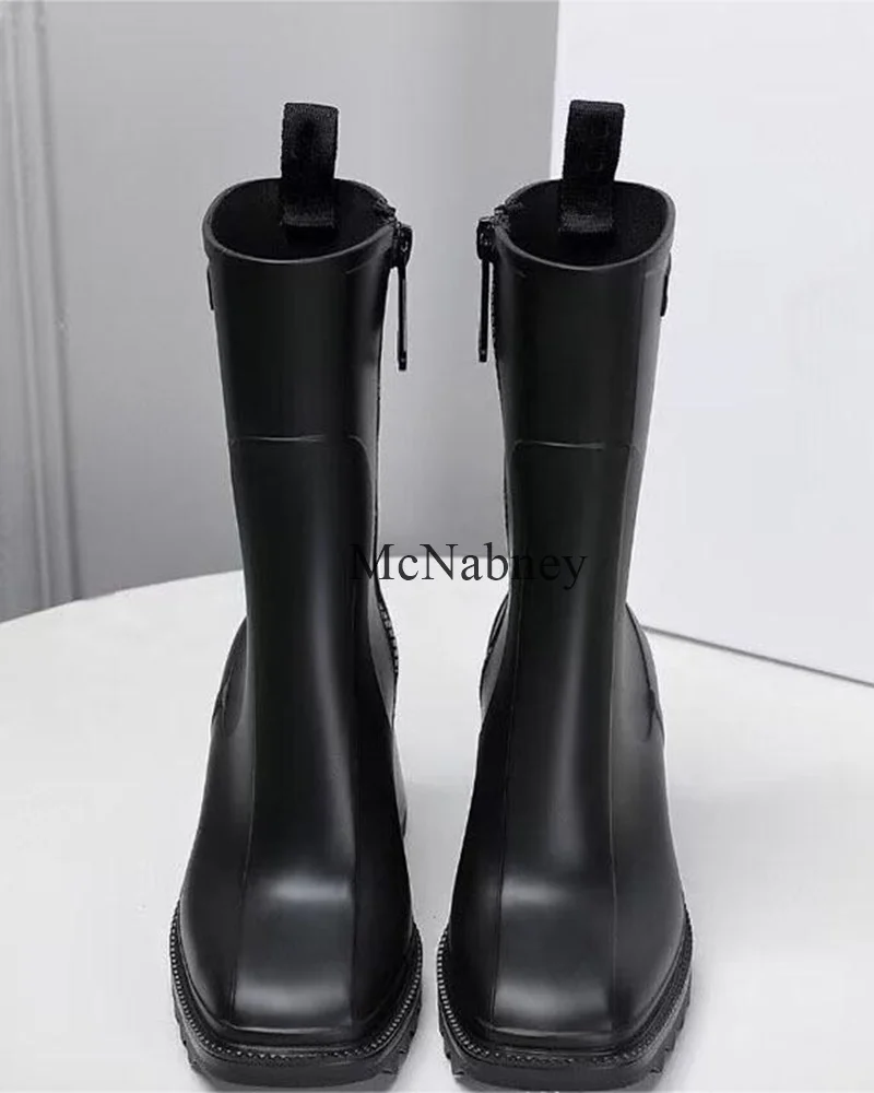 Trendy And Versatile Women Mid-Calf Rain Boots Square Toe Chunky Middle Heel Environmental Protection PVC Zipper Design