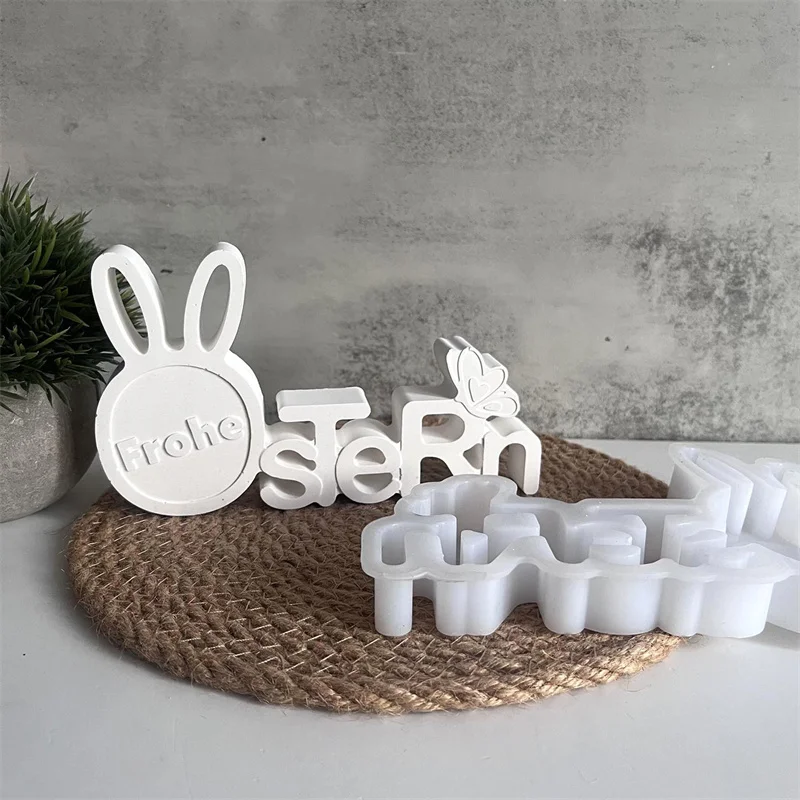 3D Cartoon Happy Easter Letter Decoration Silicone Mold Handmade Aromatherapy Plaster Easter Bunny Egg Drop Glue Plaster Mold