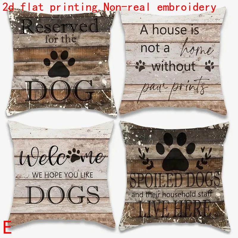4PC Dog Lover Gift Throw Pillow Rustic Wood Background Paw Print Embroidery Home Decor for Dog Mom Dad