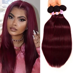 Unice Hair 3 PCS Brazilian 99J Burgundy Red Straight Bundles Deal 100% Human Hair Bundles Virgin Extensions Remy Wavy Hair