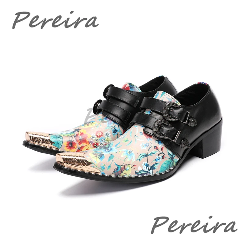 Flower Print Metal Toe Men's Formal Shoes Fashion Belt Buckle Genuine Leather Business Dress Shoes Party Banquet Wedding Shoes